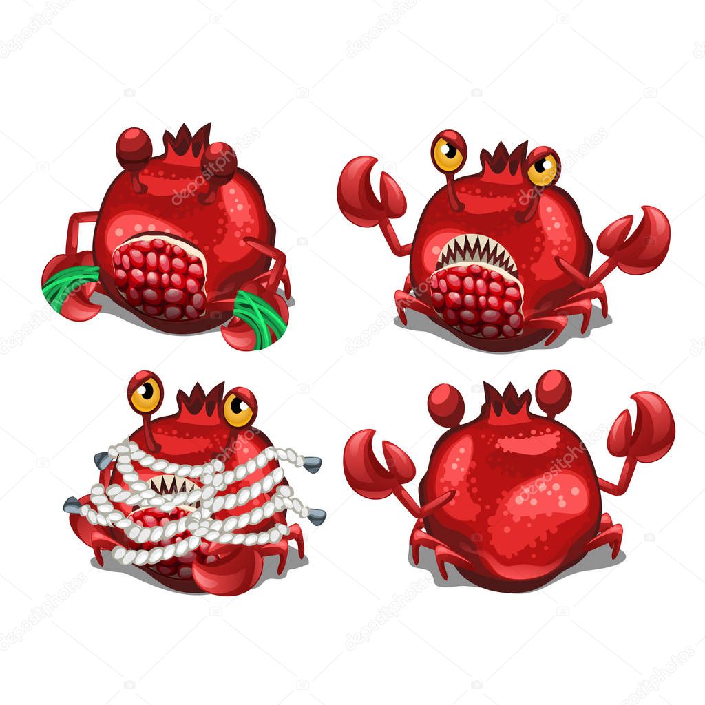 Trapped fancy monster in the form of a crab disguised in a pomegranate isolated on a white background. Vector illustration.