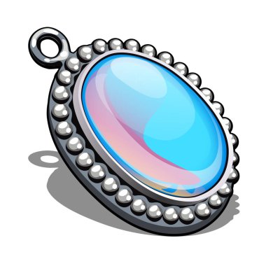 Beyaz arka plan üzerinde izole stil cabochon içinde kakma ay taşı ile gümüş oval kolye. Butik mücevher örneği. Vektör karikatür yakın çekim Şekil.