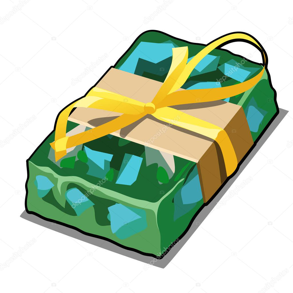 Handmade soap green with splashes of blue pieces. Cartoon gift in the military paratrooper style with yellow ribbon bow isolated on white background. Vector cartoon close-up illustration.