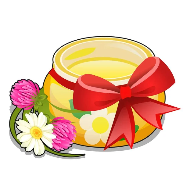 Glas durchsichtiges Glas Honig gebunden mit einer roten Schleife und Wiesenblumen Klee und Gänseblümchen isoliert auf weißem Hintergrund. Vektor-Karikatur in Nahaufnahme. — Stockvektor