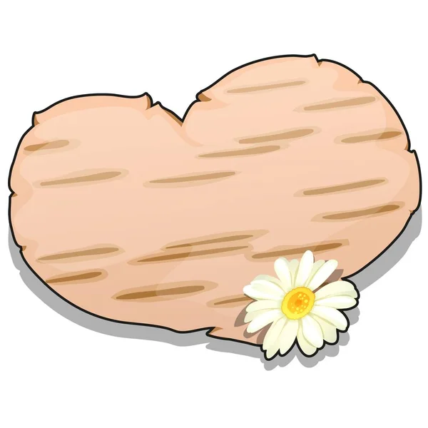 Hjärtat klippa ur björkbark dekorerad med klöver blomman isolerad på vit bakgrund. Vektor tecknad närbild illustration. — Stock vektor