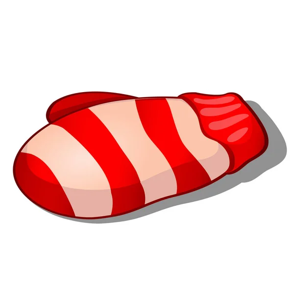 Knitted striped cartoon mitten in red and white color isolated on white background. Vector cartoon close-up illustration. — Stock Vector