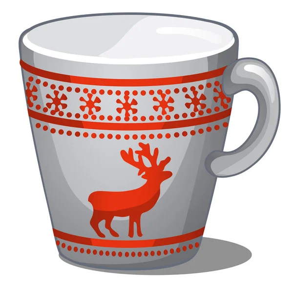 Caneca decorada de Natal com ornamentos e veados em vermelho isolado no fundo branco. Desenhos animados vetoriais ilustração close-up . — Vetor de Stock