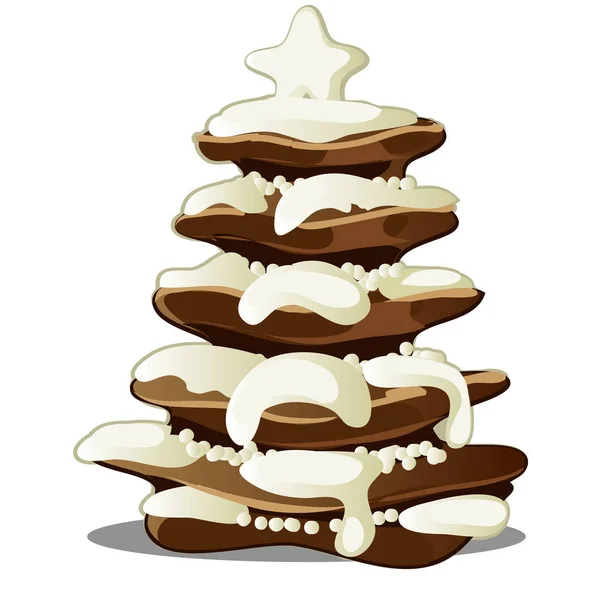 Pastel de galletas en capas festivas cubierto con crema batida en forma de árbol de Navidad. Boceto para tarjeta de felicitación, cartel festivo, invitación a la fiesta. Pastelería aislada. Atributo Navidad y Año Nuevo. Vector — Vector de stock