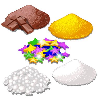 Neşeli tatlılar üzerinde beyaz izole için parlak renkli gıda şeker avuç kümesi sprinkles. Taneli Tepesi ve dekorlar pişirme için örnek. Rendelenmiş çikolata, toz şeker, yıldız. Vektör.