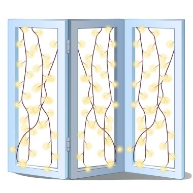 Katlama perde beyaz arka plan üzerinde izole köpüklü çelenk ile. Fikirler şenlikli iç. Yeni yıl ve Noel özniteliklerini. Vektör çizim yakın çekim.