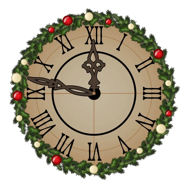 Retro nástěnné hodiny zdobené vytáčení větve stromů s koule a ozdoby izolované na bílém. Ukázka z vánoční a novoroční blahopřání, slavnostní plakátu nebo pozvánky na večírek. Vektor detail. — Stockový vektor