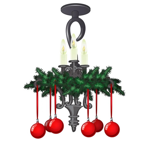 Utsmyckade hängande ljuskrona med julpynt och grannlåt isolerad på vit bakgrund. Prov av holiday affisch, kort, inbjudan. Vektor tecknad närbild illustration. — Stock vektor