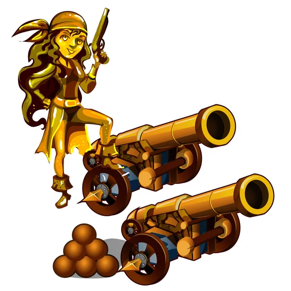 Um conjunto de estátuas de uma menina pirata fez o ouro isolado em um fundo branco. Um canhão com balas de canhão. Ilustração vetorial . —  Vetores de Stock