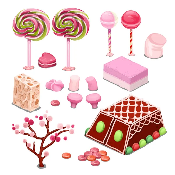 糖果和糖果被隔离在白色的背景上。五颜六色的甜点最好的礼物为甜牙。螺旋棒糖, 临时和果子露, 坚果, 舒芙蕾, 棉花糖。矢量插图. — 图库矢量图片