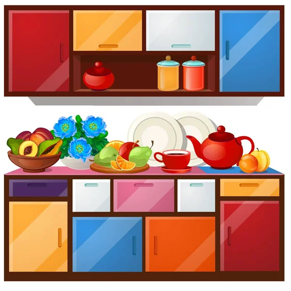 Armario de cocina de colores, platos y fruta fresca aislada sobre fondo blanco. ilustración de primer plano de dibujos animados vectoriales . — Vector de stock