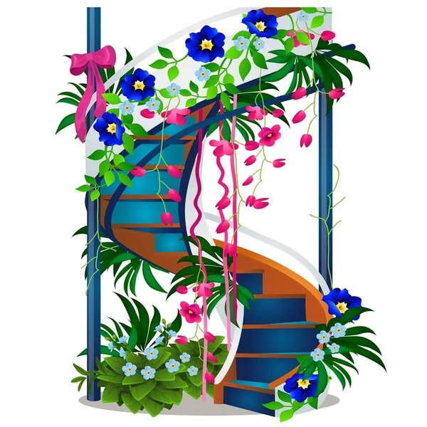 Uma bela escada em espiral com flores isoladas em fundo branco. Desenhos animados vetoriais ilustração close-up . — Vetor de Stock