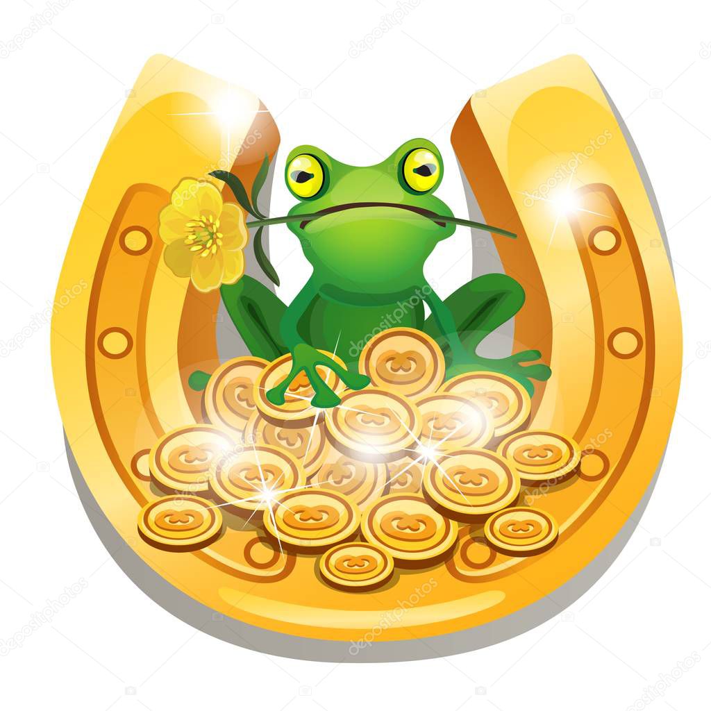 Golden horseshoe, coins and a frog with a flower in his mouth isolated on white background. Vector cartoon close-up illustration.