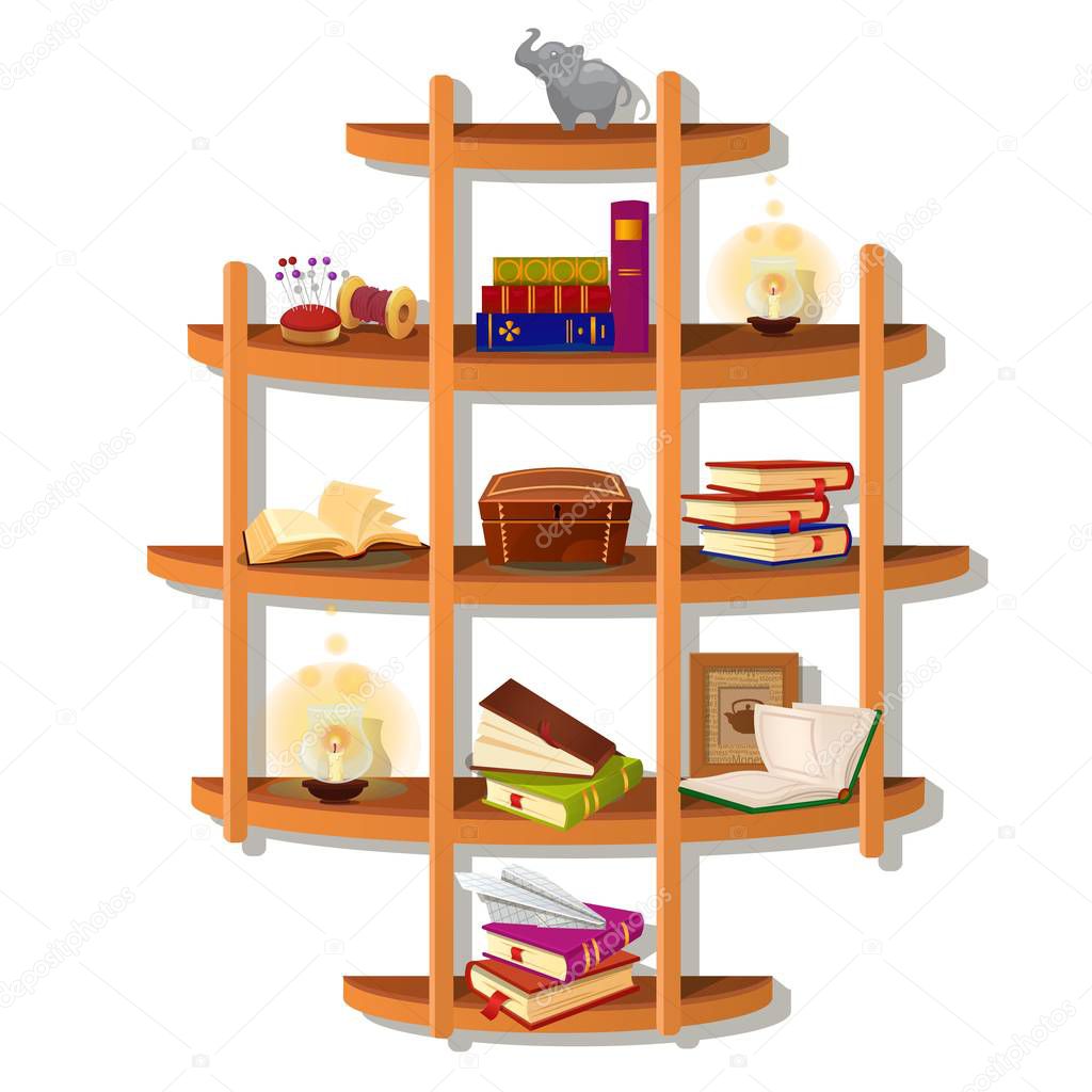 Wall-mounted wooden shelf with books isolated on white background. Vector cartoon close-up illustration.