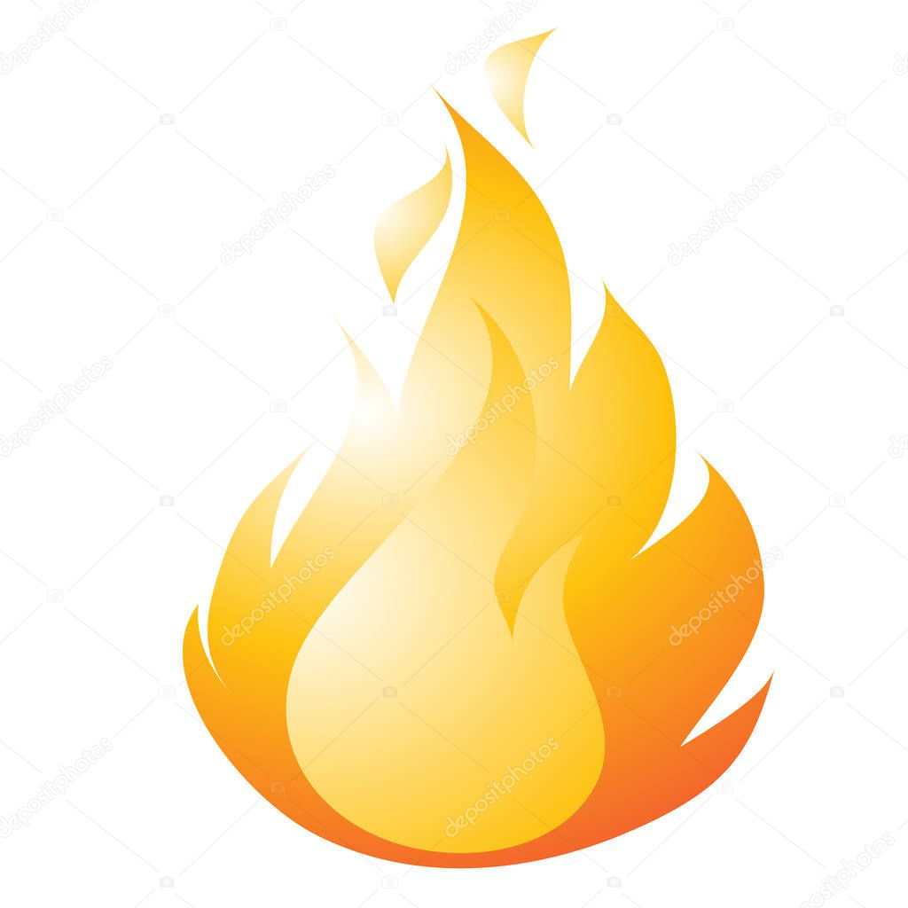 Burning fire drawing in a flat style isolated on a white background. Vector cartoon close-up illustration.
