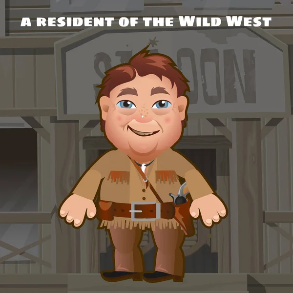 A rezidens a wild West. Egy fegyveres férfi áll a háttérben, a bejárat szalon. Vicces animált ember. Vektor rajzfilm közeli illusztrációs. — Stock Vector