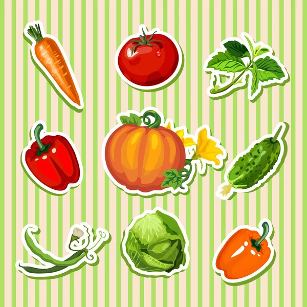 Sample design of placard with cute ripe vegetables. Sketch of poster with striped texture backdrop, banner, placard, card on theme of harvest and healthy fitness diet. Vector cartoon close-up. — Stock Vector