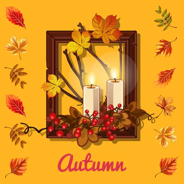 Stylish poster on the theme of golden autumn. Composition of dry twigs and yellowed leaves of the trees in wooden frame with burning candles. Romantic autumn card. Vector cartoon close-up illustration — Stock Vector