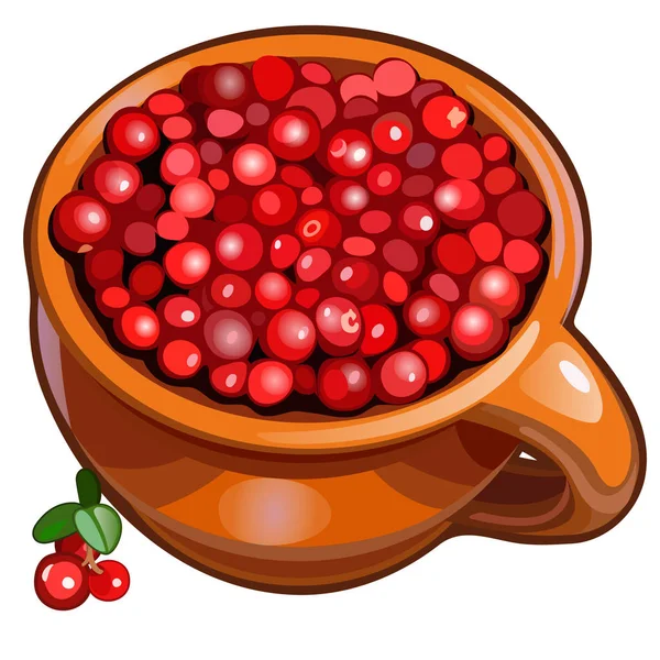 Caneca de cerâmica marrom preenchida com cranberries maduras vermelhas frescas ou cowberries isoladas em um fundo branco. Nutrição saudável e deliciosa aptidão orgânica. Desenhos animados vetoriais ilustração close-up . — Vetor de Stock