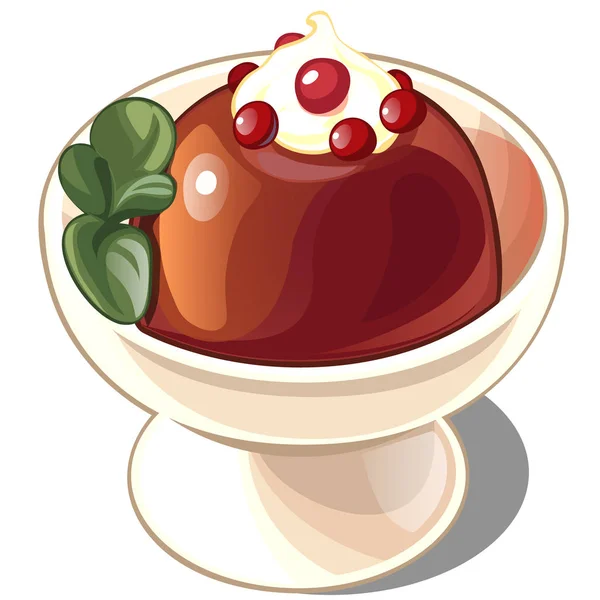 Pudim de chocolate com chantilly, cranberries e folhas de hortelã. Ilustração para livro de receitas isolado em fundo branco. Desenhos animados vetoriais ilustração close-up . —  Vetores de Stock