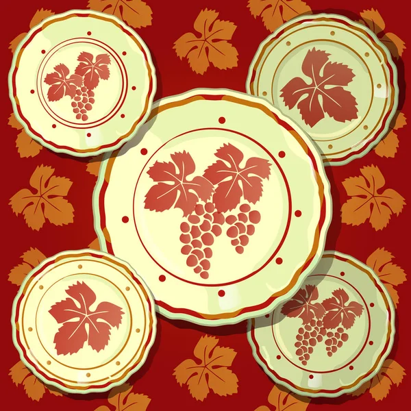 Poster over het thema van de Gouden herfst en thanksgiving day. Set wandplaten beeltenis trossen druiven op een achtergrond van rode en bruine textuur van de druivenbladeren. Vectorillustratie cartoon close-up. — Stockvector