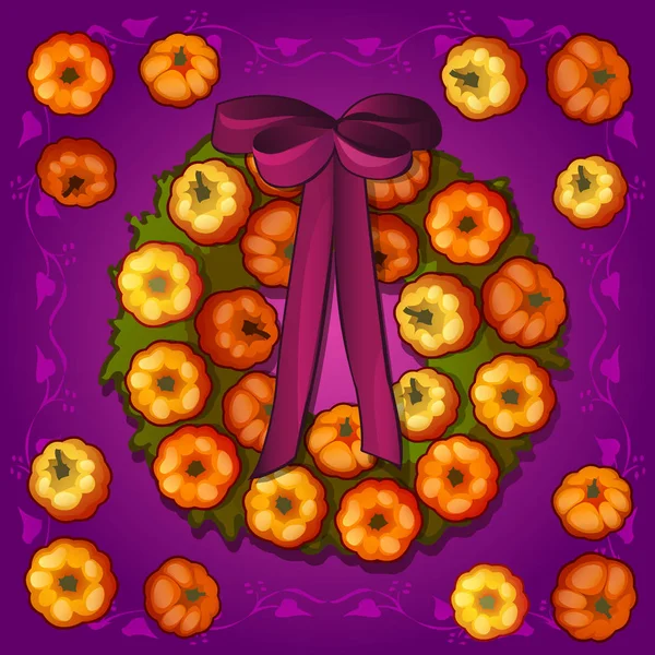 Poster or postcard style Halloween holiday. Round wreath with ornaments in the form of miniature ripe pumpkins and purple ribbon bow. Vector cartoon close-up illustration. — Stock Vector