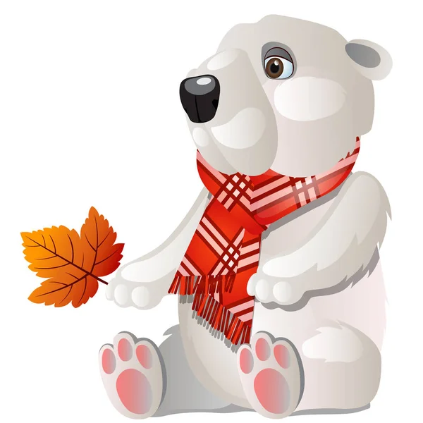 Spielzeug weißer Bär mit rot kariertem Schal, der ein gefallenes Herbstblatt isoliert auf weißem Hintergrund hält. Vektor-Karikatur in Nahaufnahme. — Stockvektor