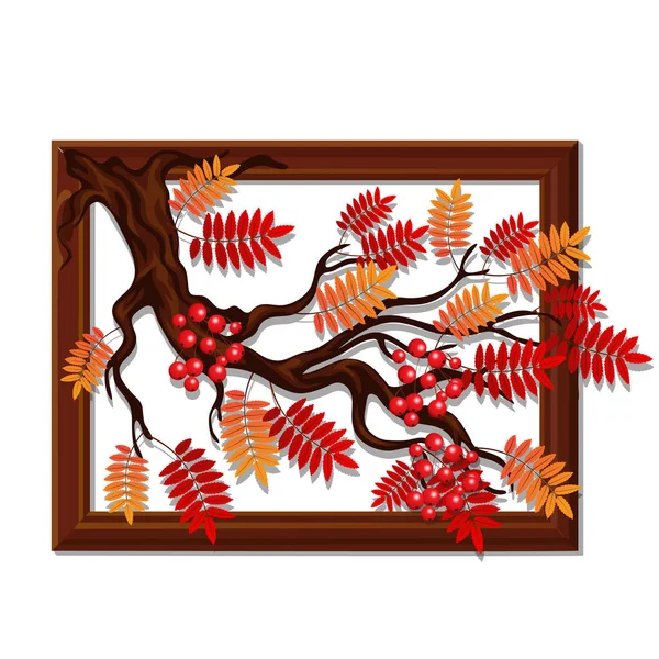 Decoración montada en la pared hecha a mano marco de madera con ramitas, bayas maduras y hojas de serbal rojo o ceniza de montaña. Elemento de diseño de interiores sobre el tema de oro el otoño y el día de acción de gracias aislado en blanco . — Vector de stock