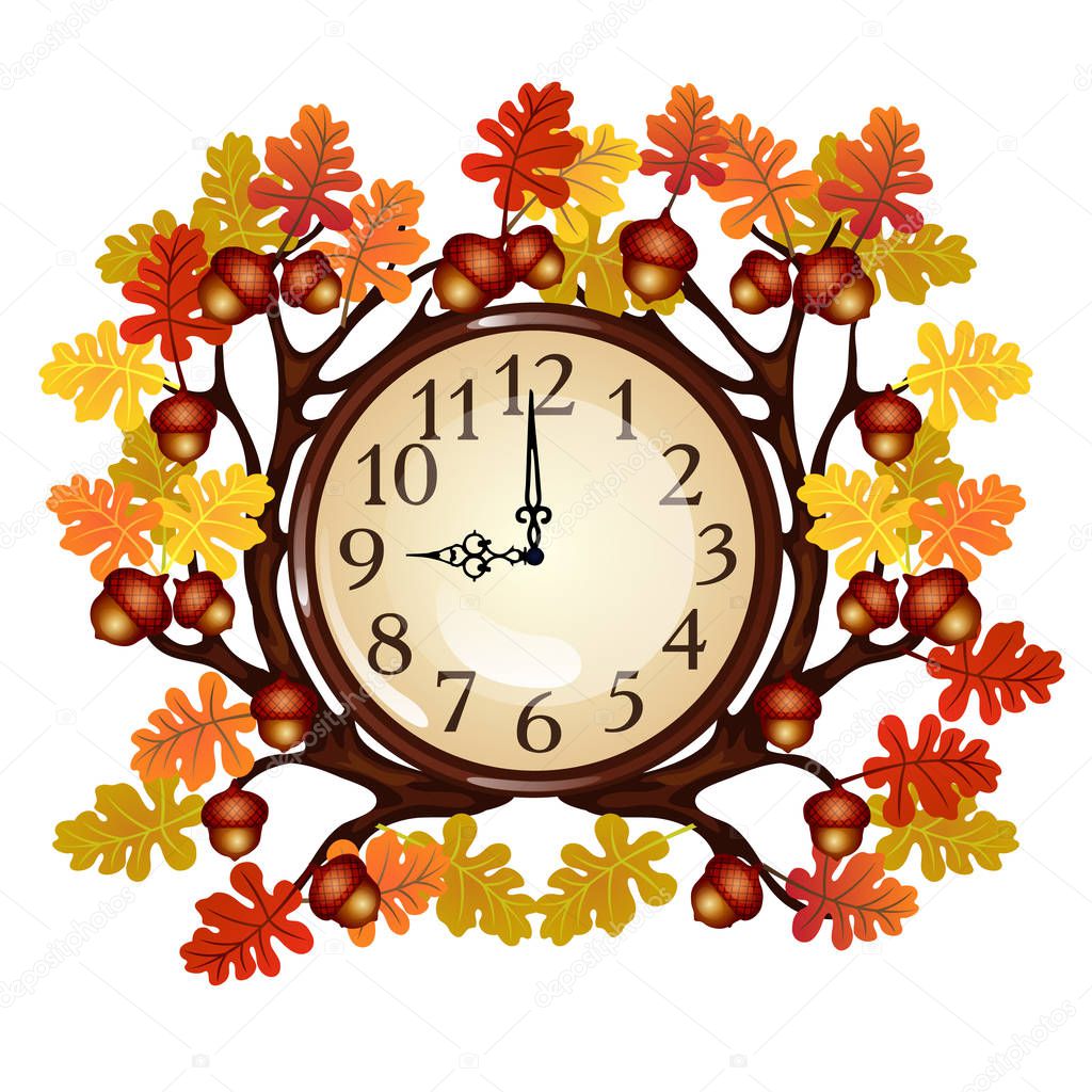 Vintage wall clock with ornate frame of tree branches with autumn oak leaves and acorns. Element of interior design on theme of golden autumn isolated on white background. Vector cartoon close-up.