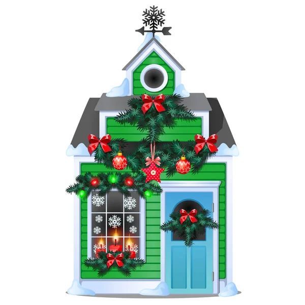 Christmas gift in the form of rustic wooden house in winter. Sketch for greeting card, festive poster or party invitations. Attributes of Christmas and New year. Vector cartoon close-up illustration. — Stock Vector