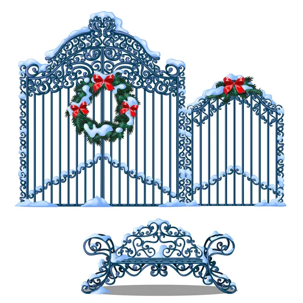 フェンスとゲートの鍛造金属要素のセットは雪で覆われて、白い背景で隔離赤いリボン弓のモミの枝の花輪で飾られました。ベクトル漫画のクローズ アップ実例. — ストックベクタ