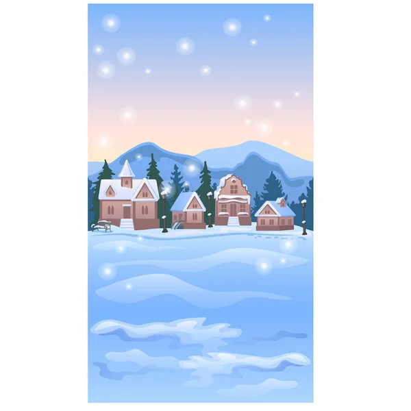 Sketch for Christmas poster with cozy rustic small houses. Template for greeting card or party invitation. Snowy winter landscape with snowfall. Glittering snowflakes, festive mood. Vector cartoon. — Stock Vector