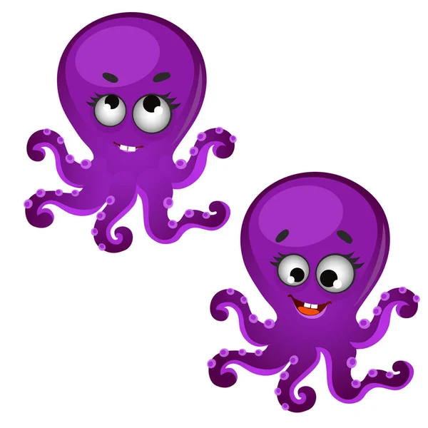 一套滑稽的笑紫色章鱼孤立的白色背景。矢量卡通特写插图. — 图库矢量图片