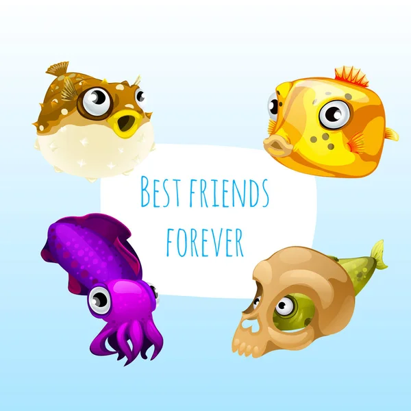 Grappige poster met afbeelding van mariene vissen met schattige paarse inktvissen en de woorden best friends forever. Voorbeeld ontwerp van plakkaat met schattige grappige dieren. Vectorillustratie cartoon close-up. — Stockvector