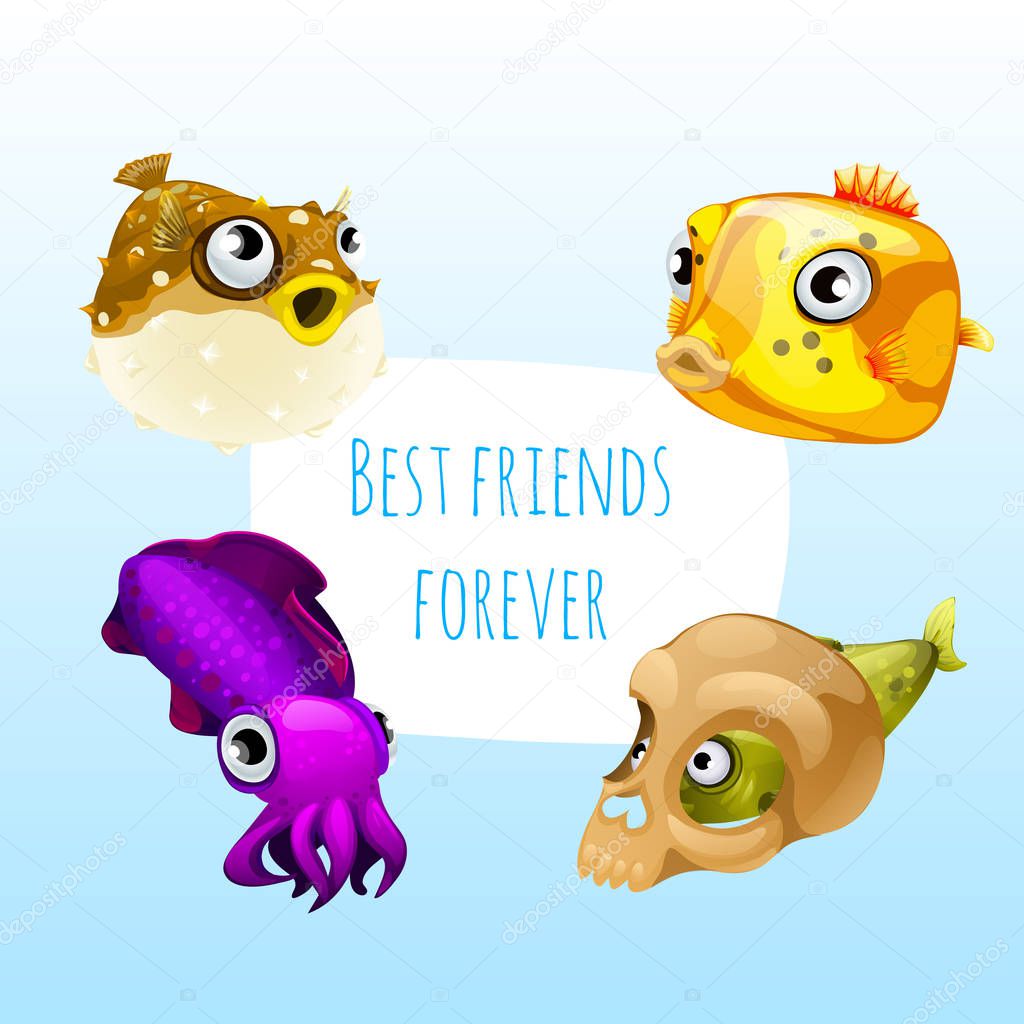Funny poster with image of marine fishes with cute purple cuttlefish and the words best friends forever. Sample design of placard with cute funny animals. Vector cartoon close-up illustration.