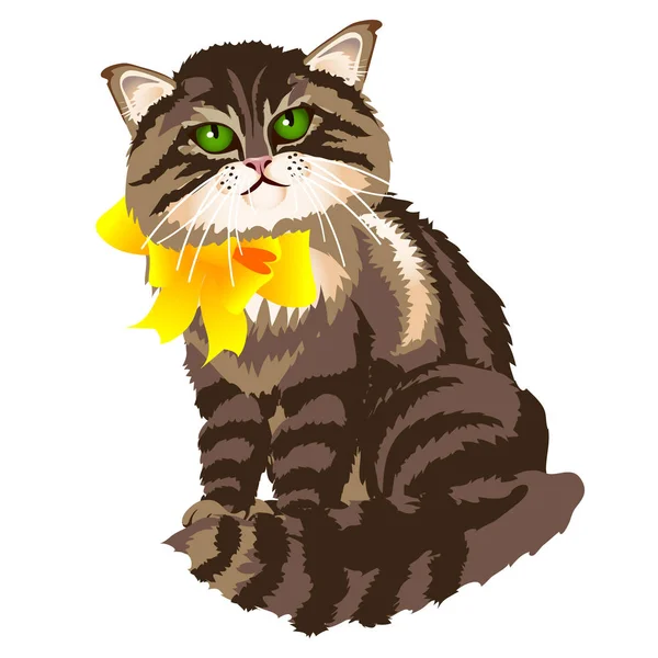 Bonito gato macio tabby com fita amarela arco isolado em um fundo branco. Desenhos animados vetoriais ilustração close-up . —  Vetores de Stock