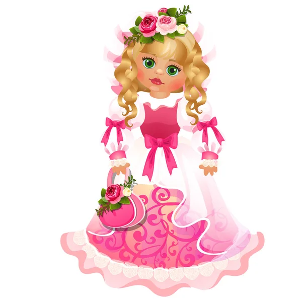 Cute doll green-eyed blonde girl with dress with pink ribbons and bows isolated on white background. Vector cartoon close-up illustration. — Stock Vector