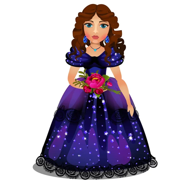 Beautiful young brunette girl in blue dress holding a bouquet of red flowers isolated on white background. Vector cartoon close-up illustration. — Stock Vector