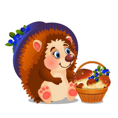 Kirpi ile olgun bir yabani çilek ve izole üzerinde beyaz arka plan mantar. Poster, daveti tatil, bayram kartı örneği. Vektör karikatür yakın çekim Şekil