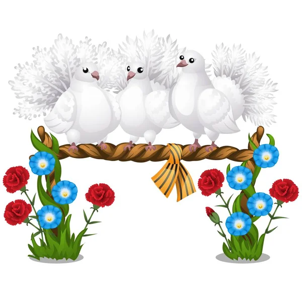 Bosquejo de un póster con varias hermosas palomas blancas sentadas en una percha de mimbre y flores aisladas sobre fondo blanco. ilustración de primer plano de dibujos animados vectoriales . — Archivo Imágenes Vectoriales
