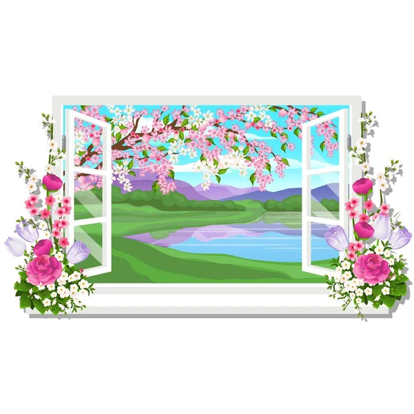 A janela de madeira com vista para o prado de grama verde e lagoa na primavera isolado no fundo branco. Design de interiores casa de campo de luxo. Um lindo dia. Vector close-up desenho animado ilustração . —  Vetores de Stock