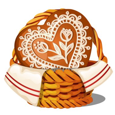 Tatlı beyaz arka plan üzerinde izole bir hasır sepet içinde gingerbread sırlı. Geleneksel Rus incelik. Vektör karikatür yakın çekim Şekil.