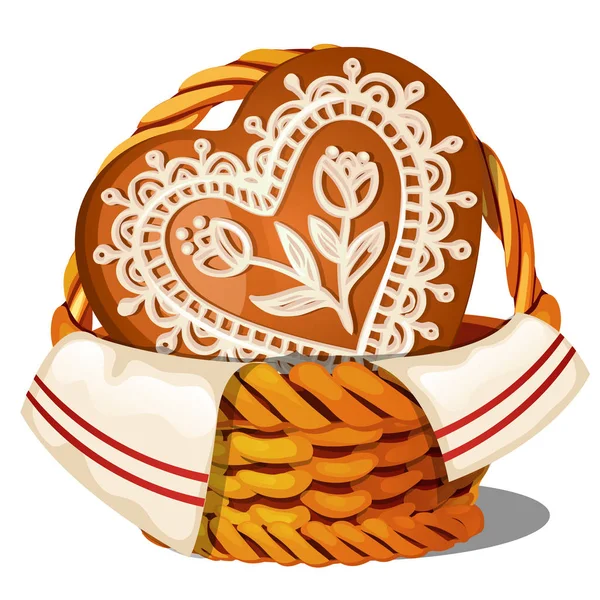 Pan de jengibre glaseado dulce en una canasta de mimbre aislada sobre fondo blanco. Un manjar tradicional ruso. ilustración de primer plano de dibujos animados vectoriales . — Vector de stock