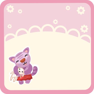 Ajur çerçeve ile sevimli kedicik metin alanı olan beyaz arka plan üzerinde izole oyuncak tavşan tutar. Vektör karikatür yakın çekim Şekil.