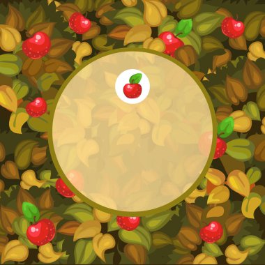 Senin metin için yer ile yuvarlak çerçeve yaprakları ve olgun elma ile dekore edilmiştir. Vektör karikatür yakın çekim Şekil.