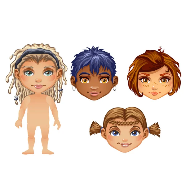 Zeichnung animierter Kinder auf weißem Hintergrund. Set zum Modellieren niedlicher junger Menschen ohne Kleidung. Vektor-Karikatur in Nahaufnahme. — Stockvektor