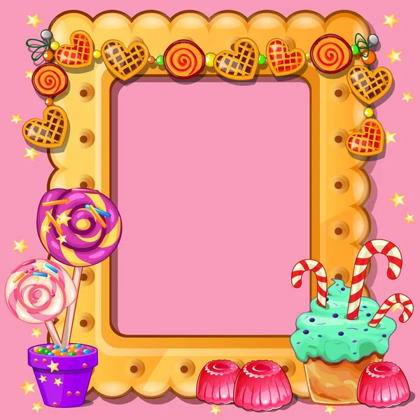 Vackra söta gratulationskort med ram och utrymme för text, bild eller foto i stil med en söt tand och bakverk isolerad på rosa bakgrund. Vektor tecknad närbild illustration. — Stock vektor