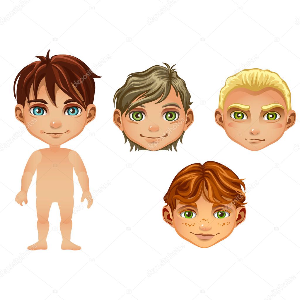 Set of drawn animated boys isolated on white background. Set for modeling cute young peoples without clothes. Vector cartoon close-up illustration.