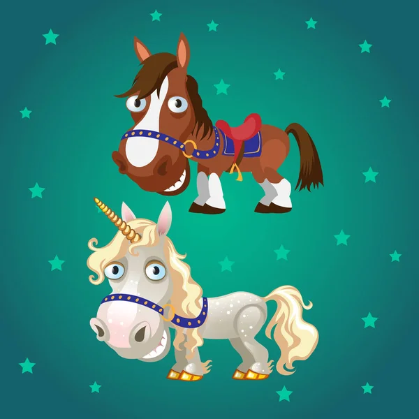 Bonito cartel con caballo de carreras sonriente y un unicornio con pezuñas de oro. ilustración de primer plano de dibujos animados vectoriales . — Vector de stock