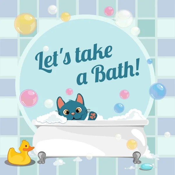Ładny plakat z kąpieli w wannie kotka. Wirydarz-do góry ilustracja kreskówka wektor. — Wektor stockowy